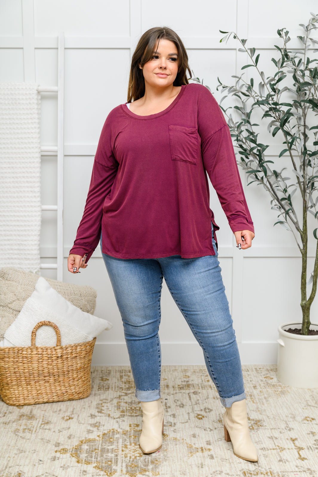 Long Sleeve Knit Top With Pocket In Burgundy (Online Exclusive) - Uptown Boutique Ramona