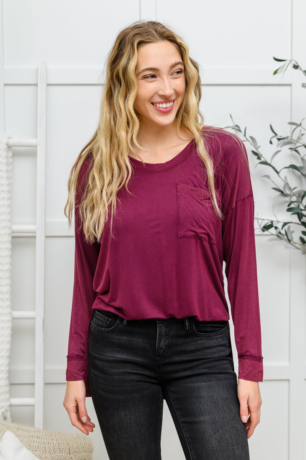 Long Sleeve Knit Top With Pocket In Burgundy (Online Exclusive) - Uptown Boutique Ramona