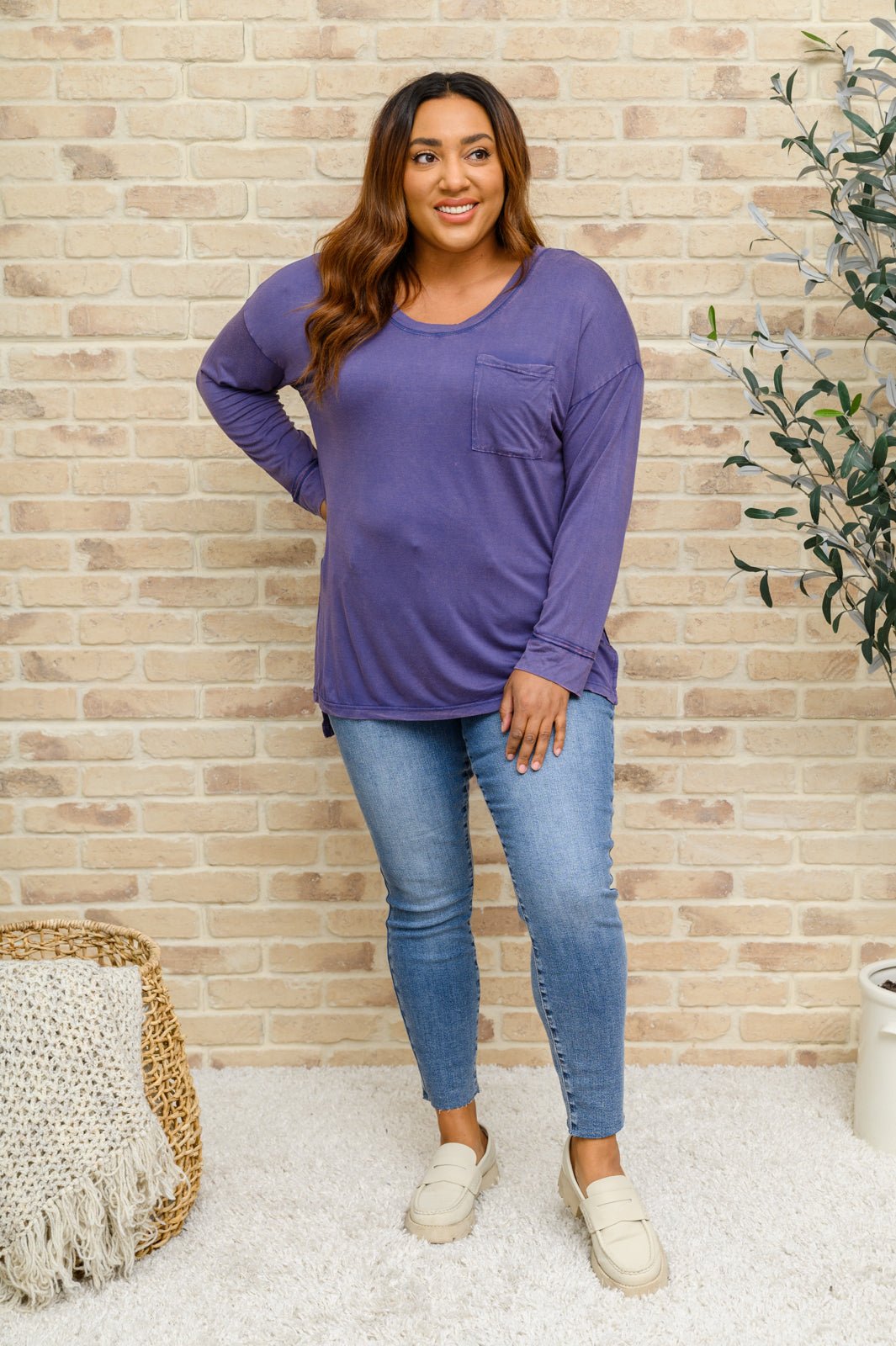 Long Sleeve Knit Top With Pocket In Denim Blue (Online Exclusive) - Uptown Boutique Ramona