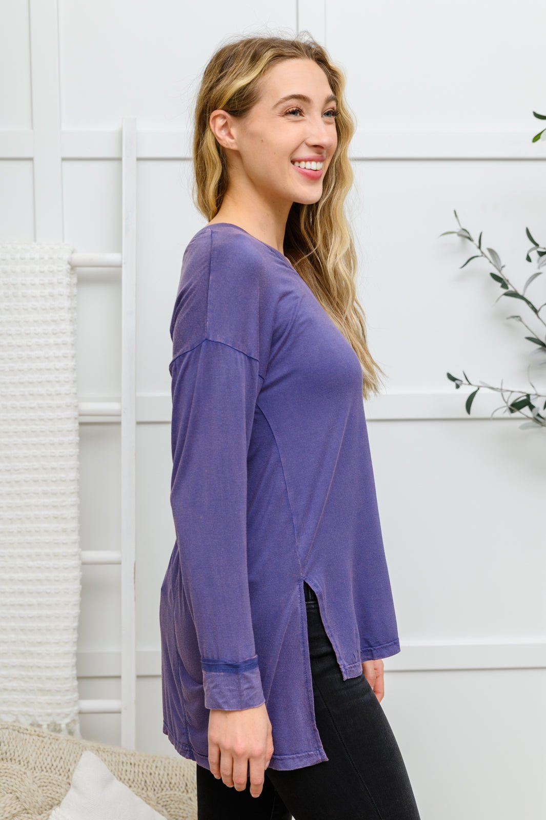 Long Sleeve Knit Top With Pocket In Denim Blue (Online Exclusive) - Uptown Boutique Ramona