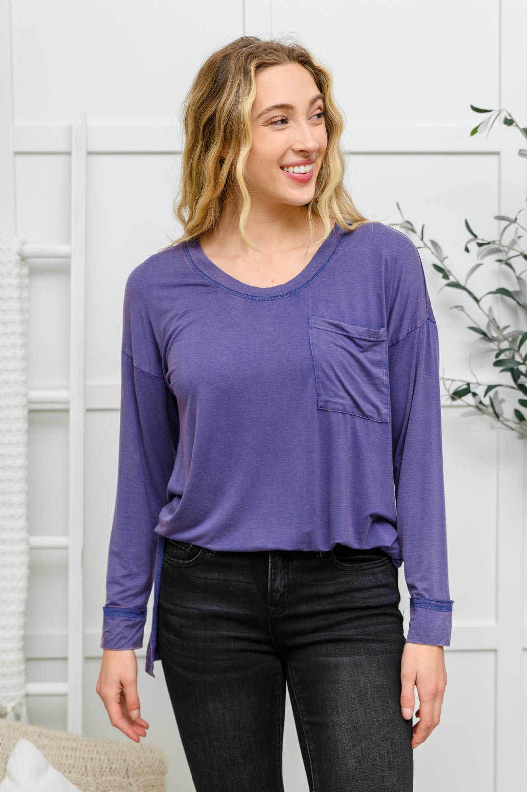 Long Sleeve Knit Top With Pocket In Denim Blue (Online Exclusive) - Uptown Boutique Ramona