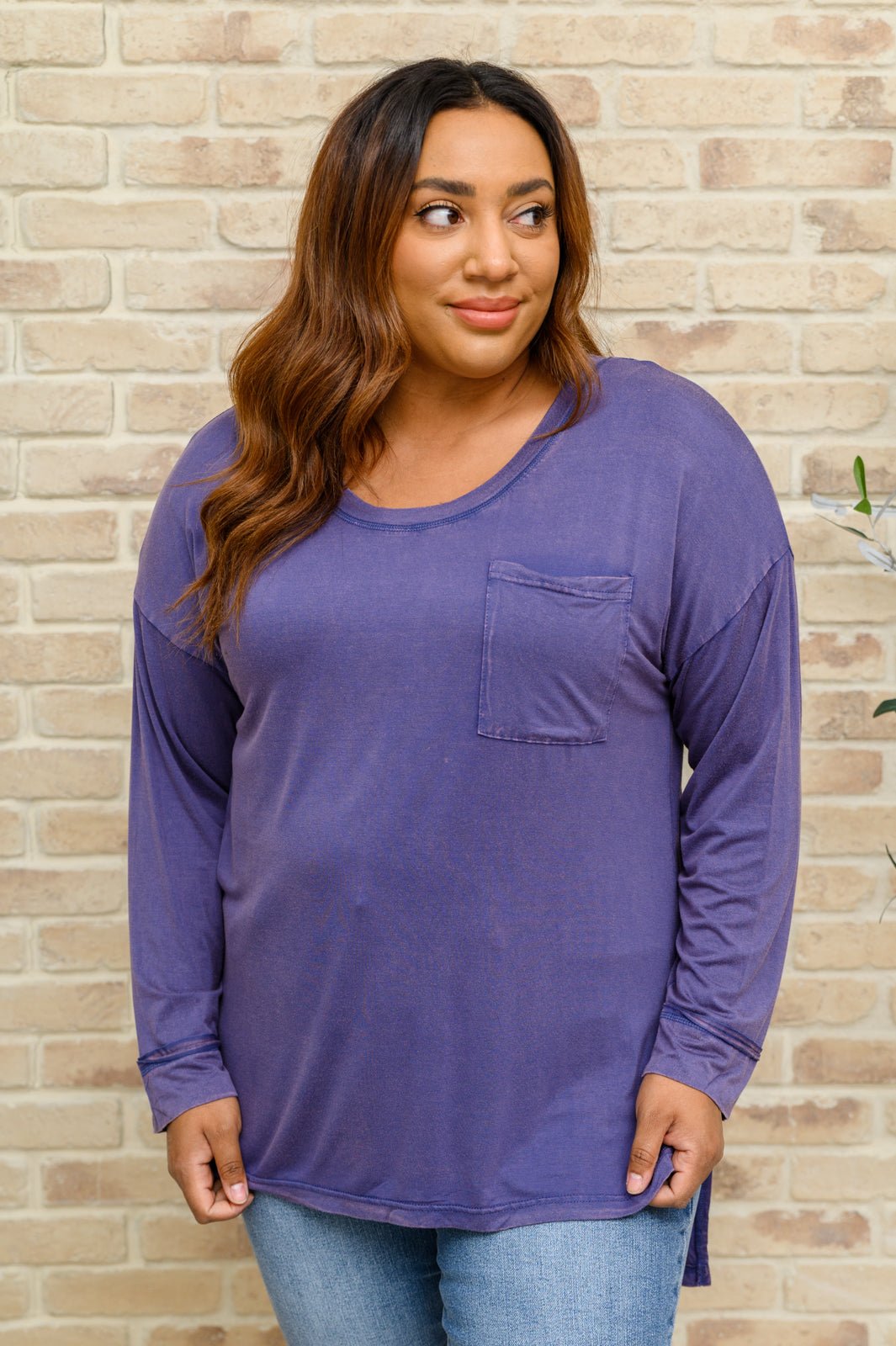 Long Sleeve Knit Top With Pocket In Denim Blue (Online Exclusive) - Uptown Boutique Ramona