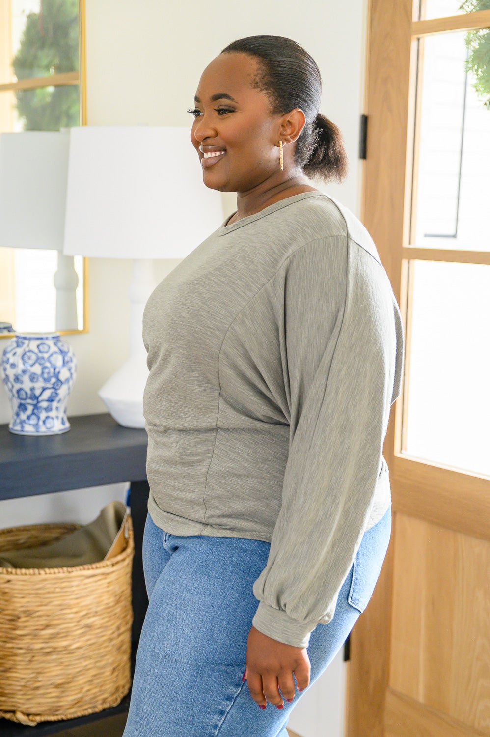 Long Sleeve Solid Knit Open Back Top In Olive (Online Exclusive) - Uptown Boutique Ramona