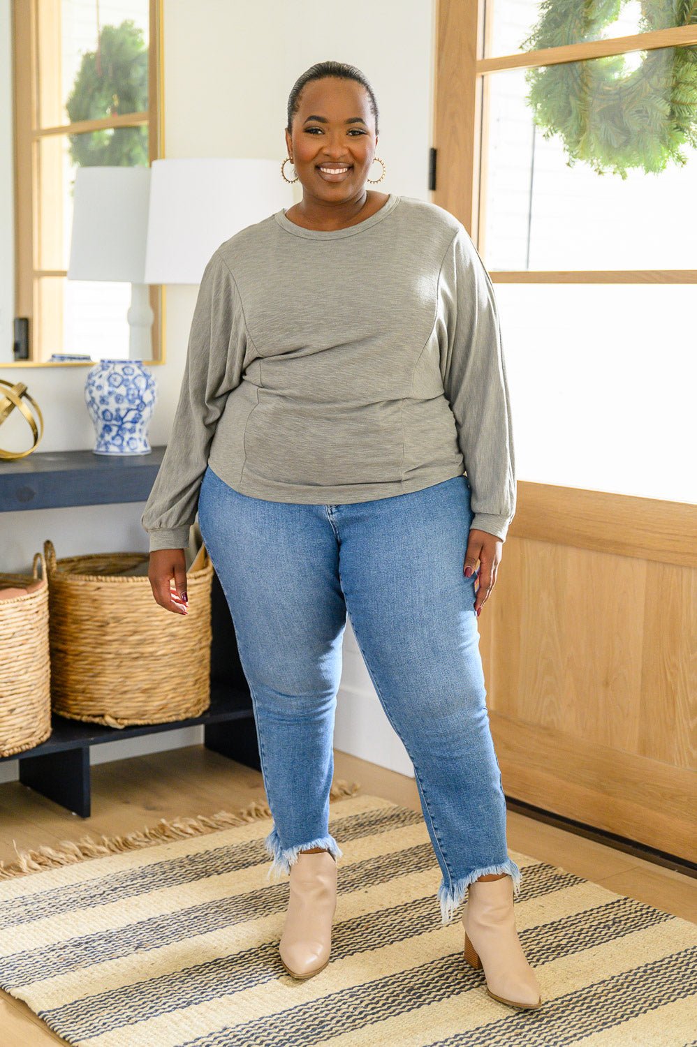 Long Sleeve Solid Knit Open Back Top In Olive (Online Exclusive) - Uptown Boutique Ramona