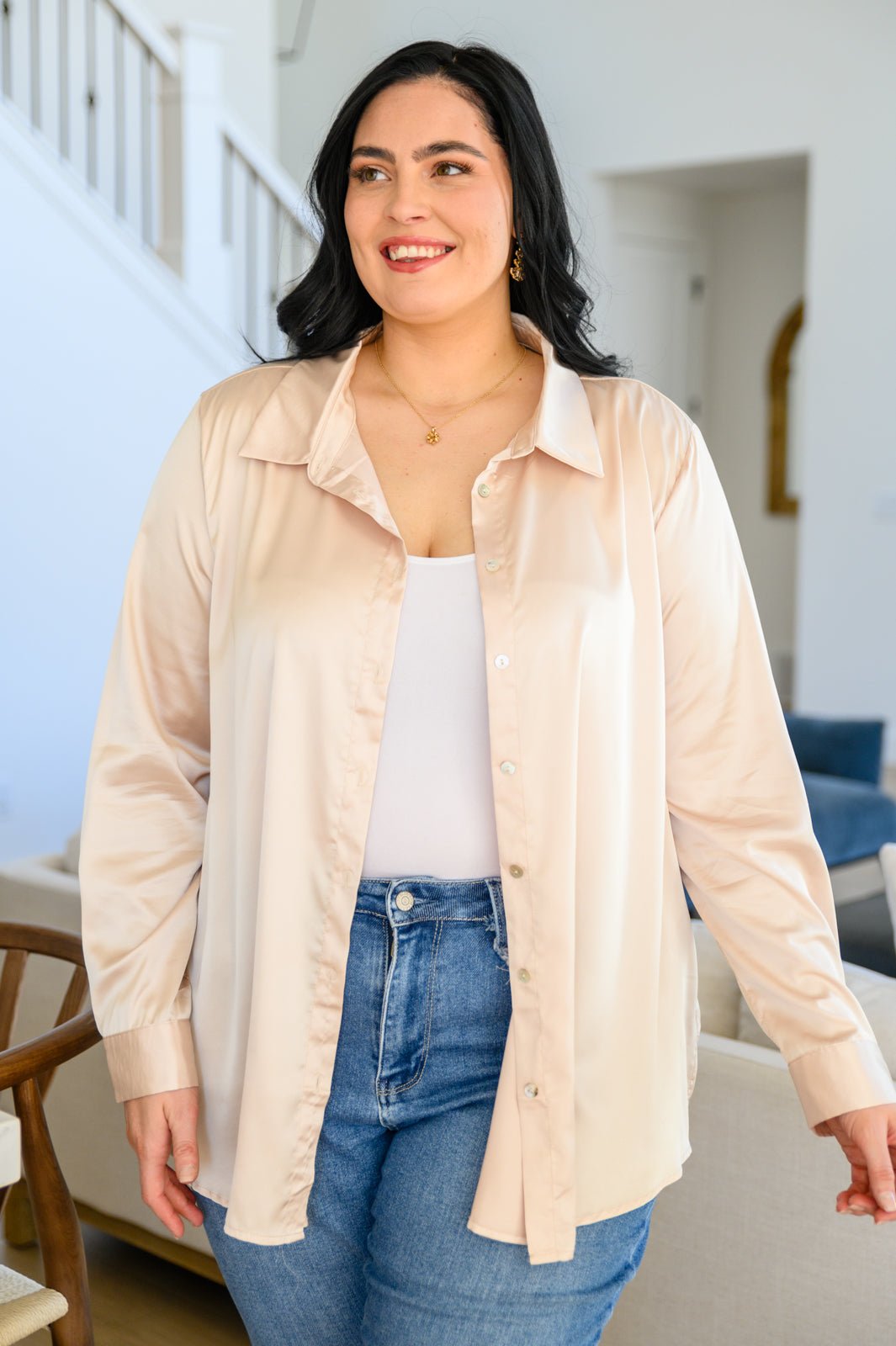 Loved For Years Satin Button Up In Beige (Online Exclusive) - Uptown Boutique Ramona