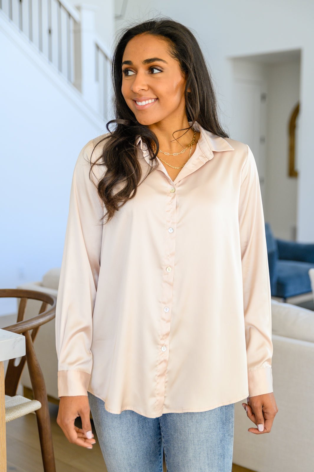 Loved For Years Satin Button Up In Beige (Online Exclusive) - Uptown Boutique Ramona