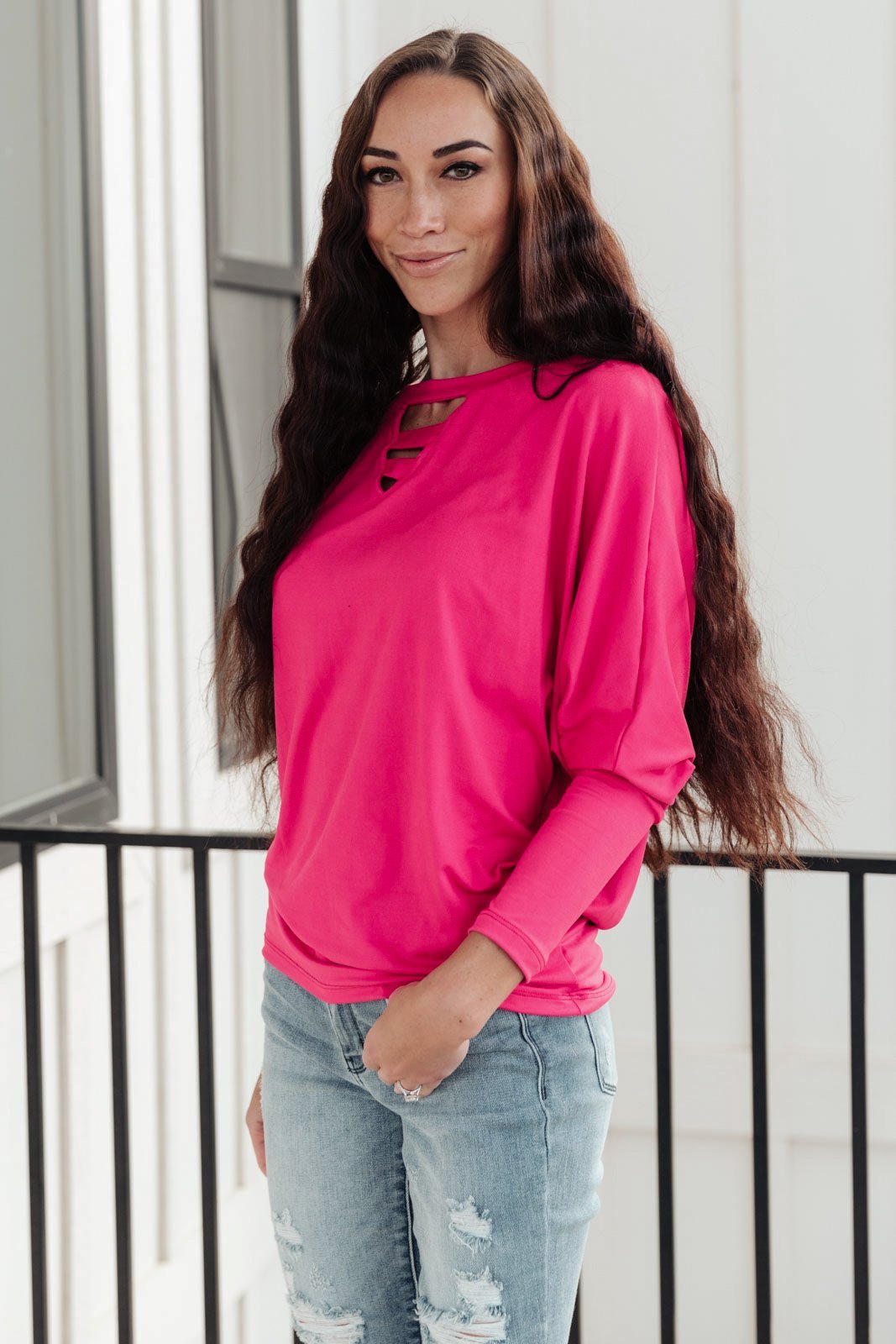 Lovely Ladder V Neck Top in Pink (Online Exclusive) - Uptown Boutique Ramona