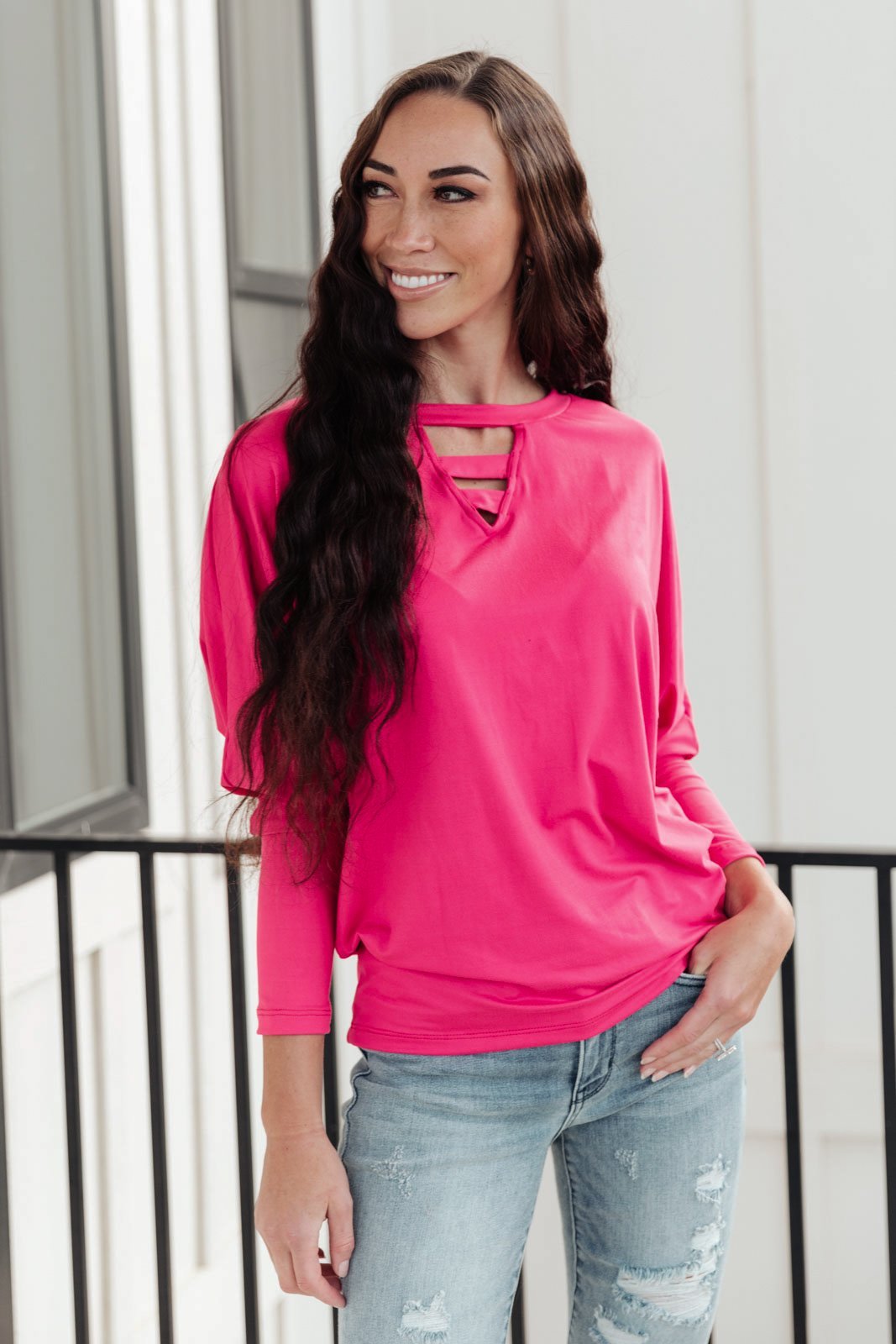 Lovely Ladder V Neck Top in Pink (Online Exclusive) - Uptown Boutique Ramona