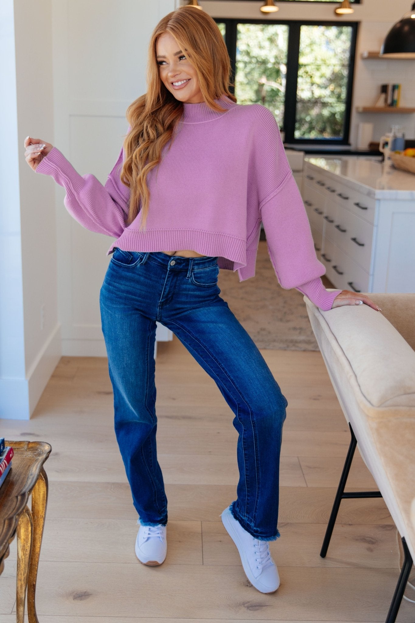 Mags Side Slit Cropped Sweater in Mauve (Online Exclusive) - Uptown Boutique Ramona