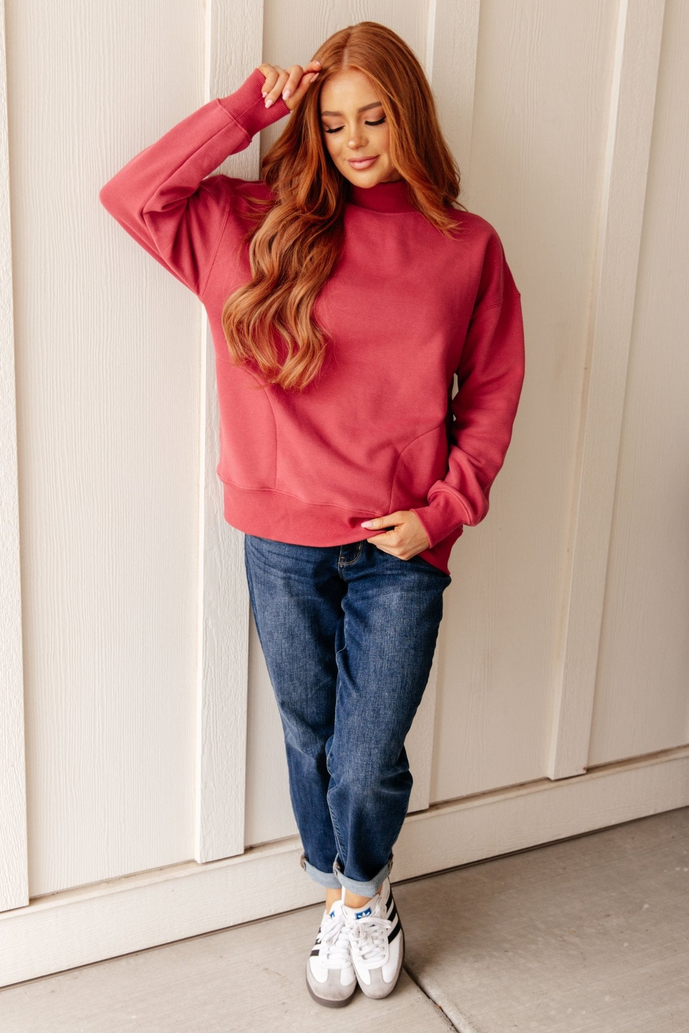 Make No Mistake Mock Neck Pullover in Cranberry (Online Exclusive) - Uptown Boutique Ramona