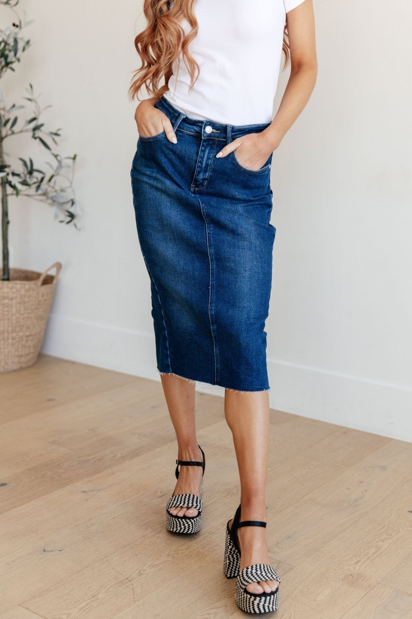 Marcy High Rise Denim Midi Skirt (Online Exclusive) - Uptown Boutique Ramona