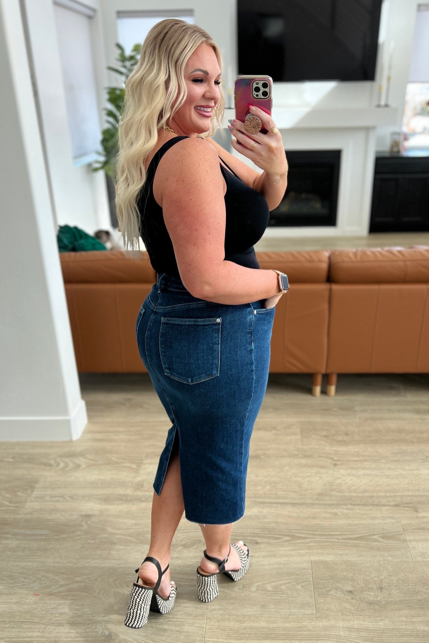 Marcy High Rise Denim Midi Skirt (Online Exclusive) - Uptown Boutique Ramona