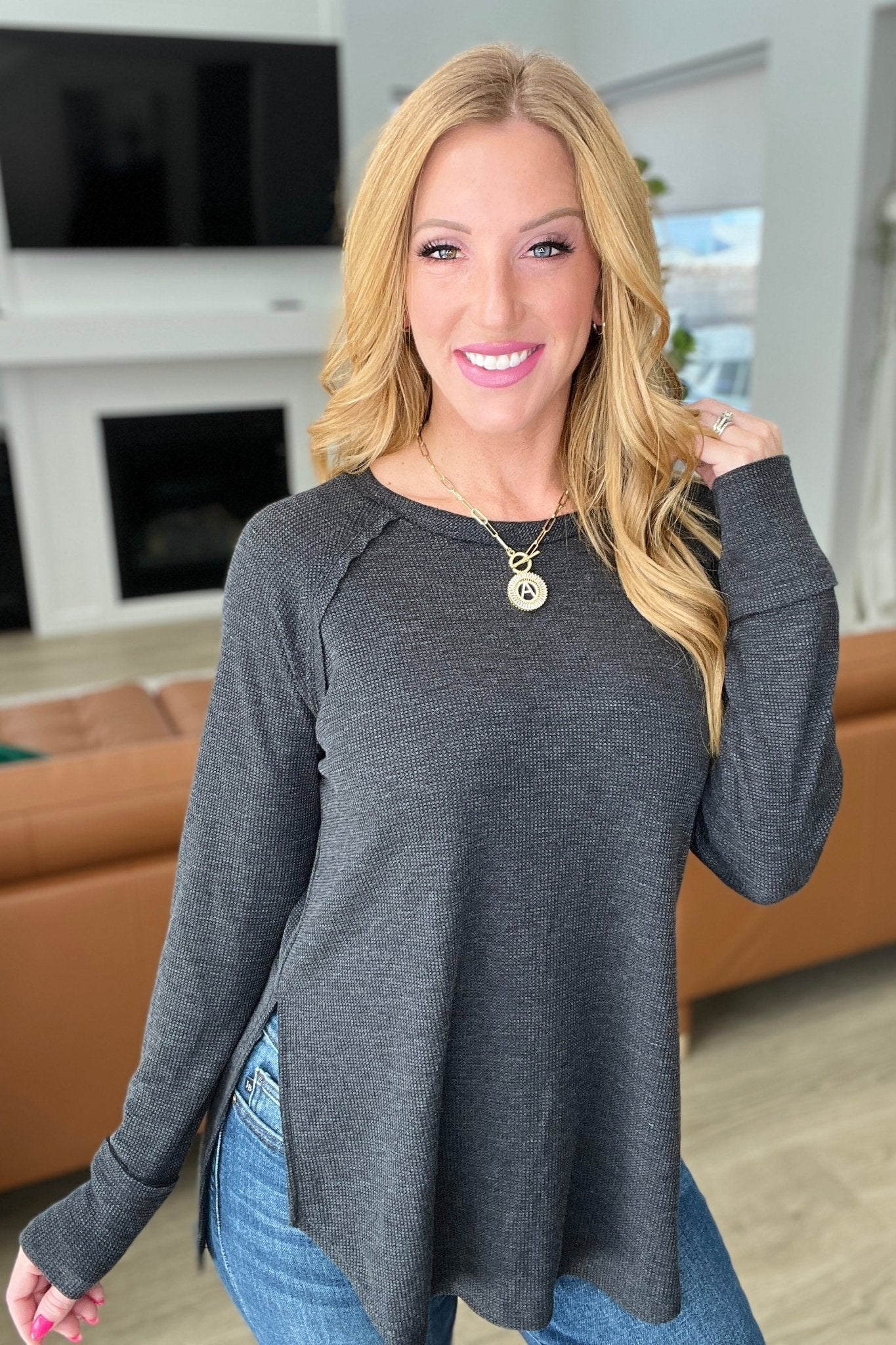 Melange Baby Waffle Long Sleeve Top in Black (Online Exclusive) - Uptown Boutique Ramona