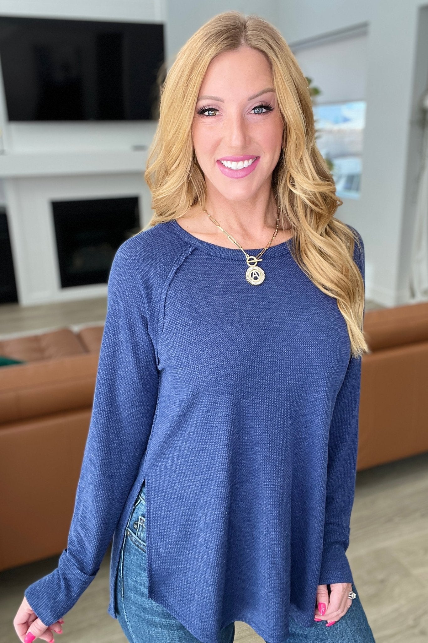 Melange Baby Waffle Long Sleeve Top in Light Navy (Online Exclusive) - Uptown Boutique Ramona