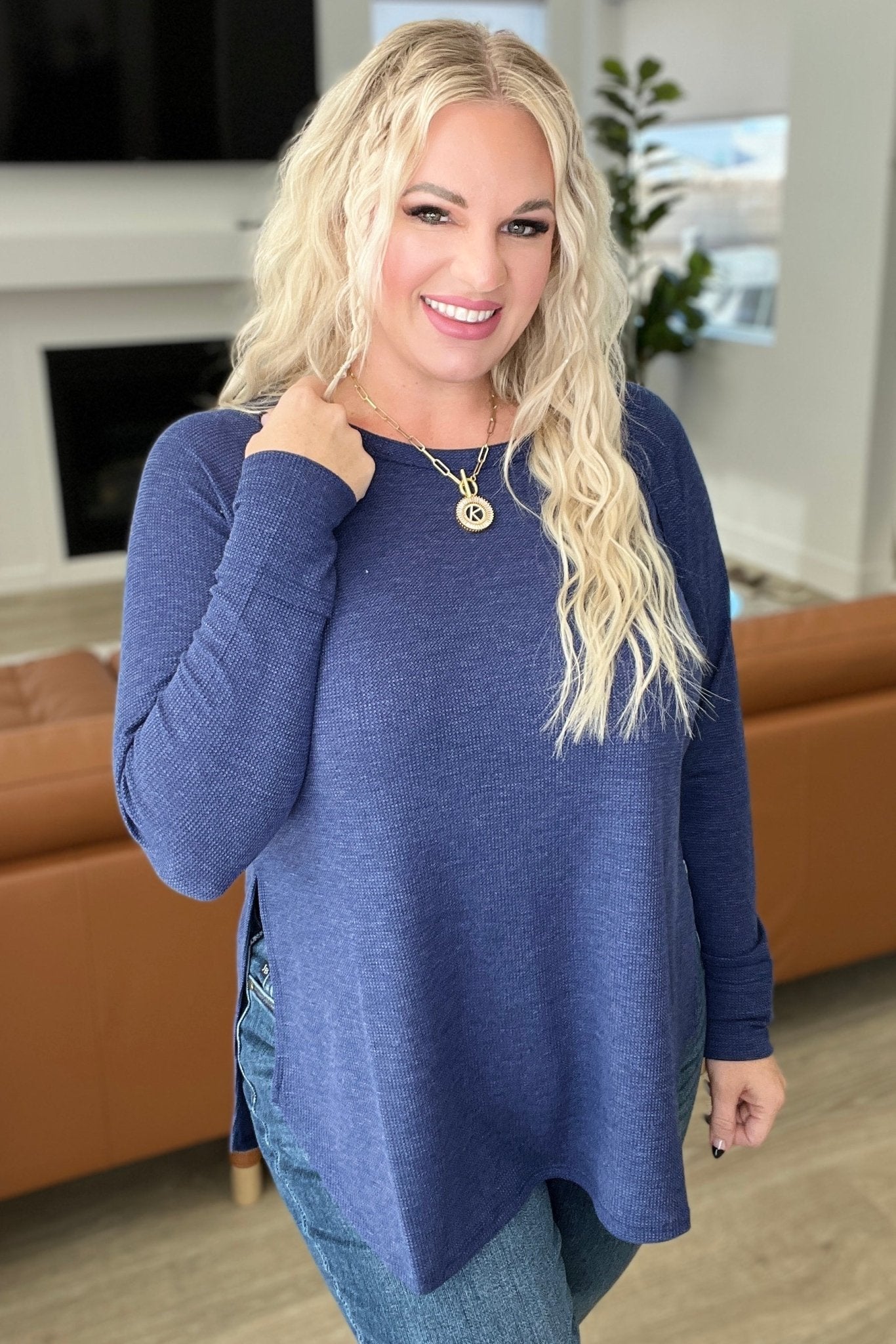 Melange Baby Waffle Long Sleeve Top in Light Navy (Online Exclusive) - Uptown Boutique Ramona