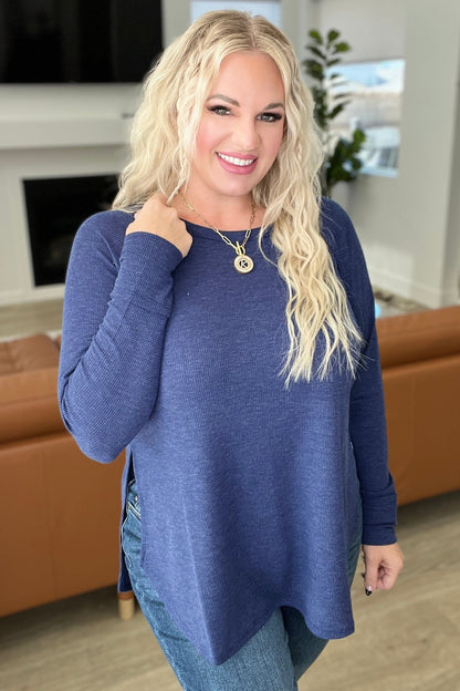 Melange Baby Waffle Long Sleeve Top in Light Navy (Online Exclusive) - Uptown Boutique Ramona