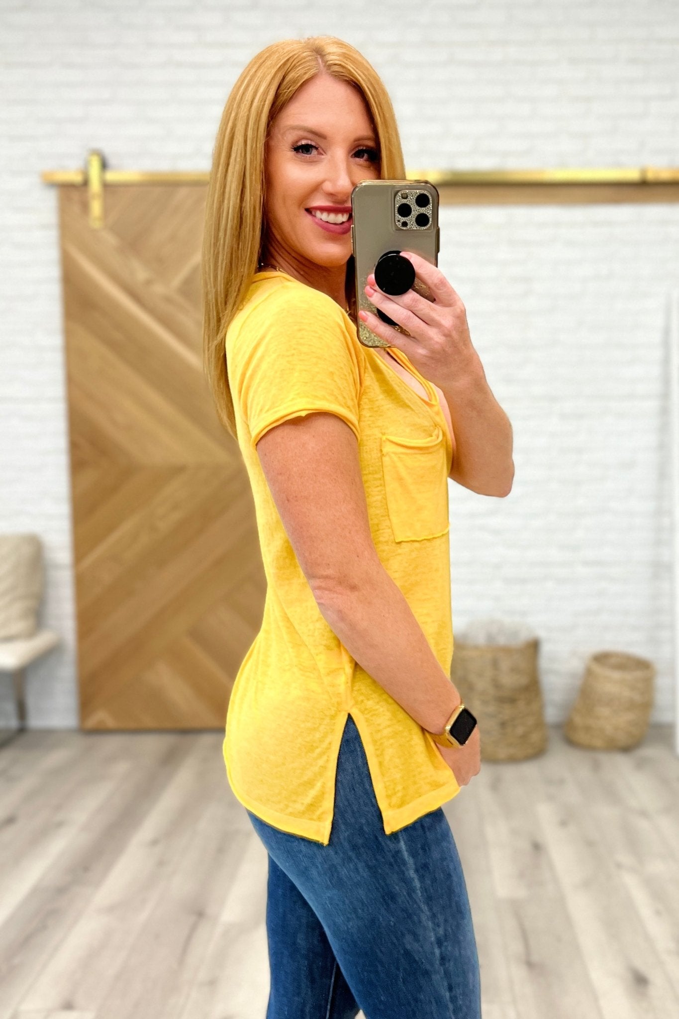 Melange Burnout V - Neck T - Shirt in Yellow Gold (Online Exclusive) - Uptown Boutique Ramona