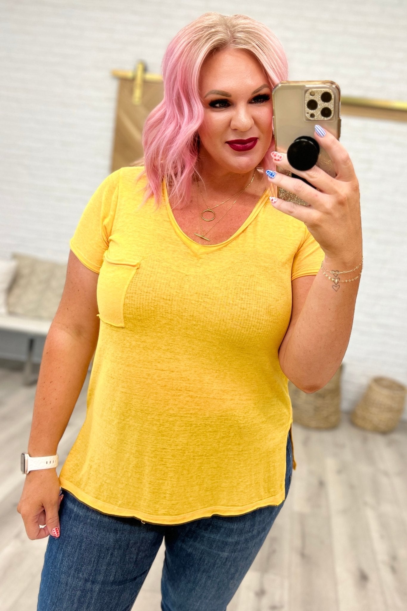 Melange Burnout V - Neck T - Shirt in Yellow Gold (Online Exclusive) - Uptown Boutique Ramona