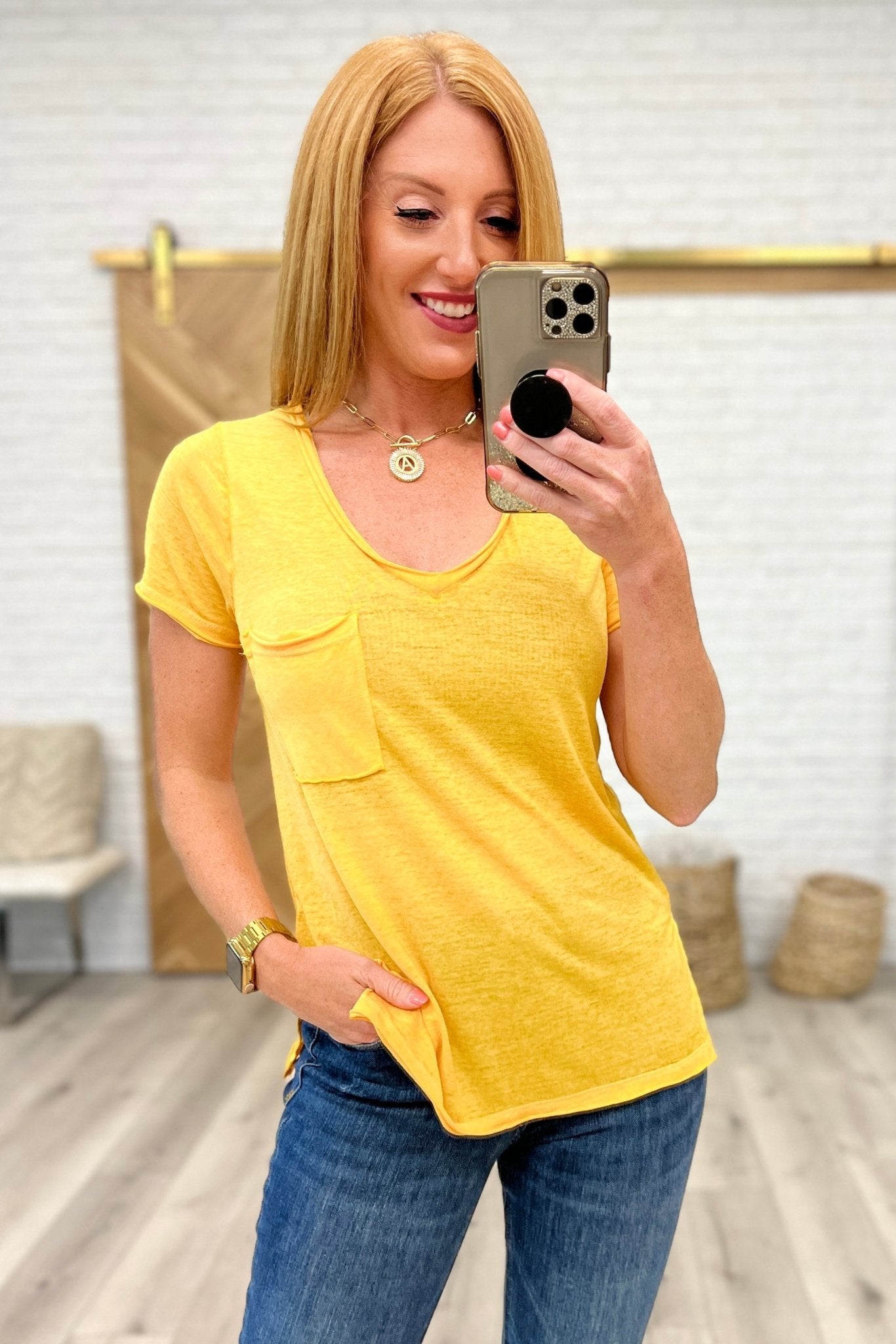 Melange Burnout V - Neck T - Shirt in Yellow Gold (Online Exclusive) - Uptown Boutique Ramona