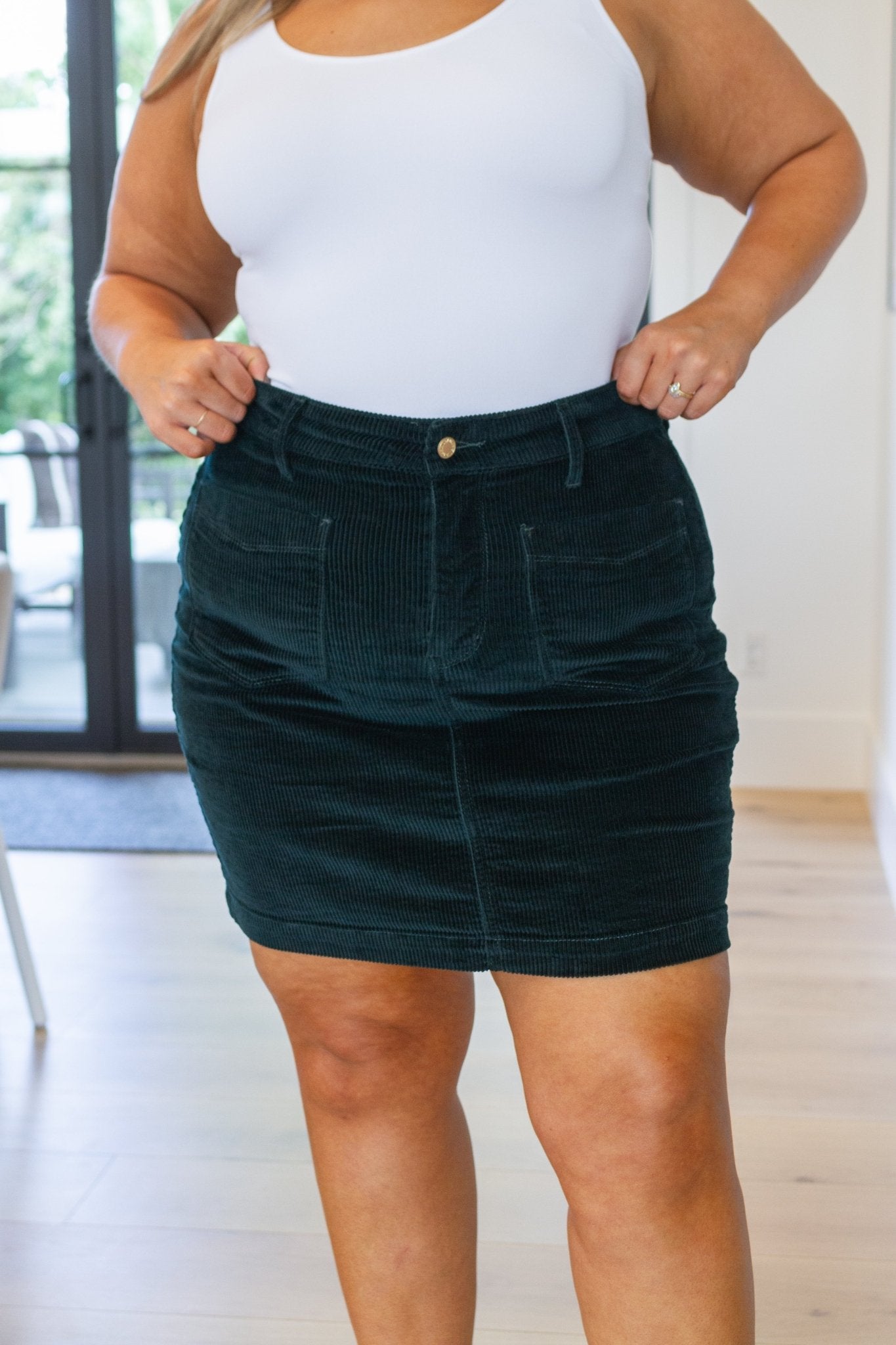 Melinda Corduroy Patch Pocket Skirt in Emerald (Online Exclusive) - Uptown Boutique Ramona