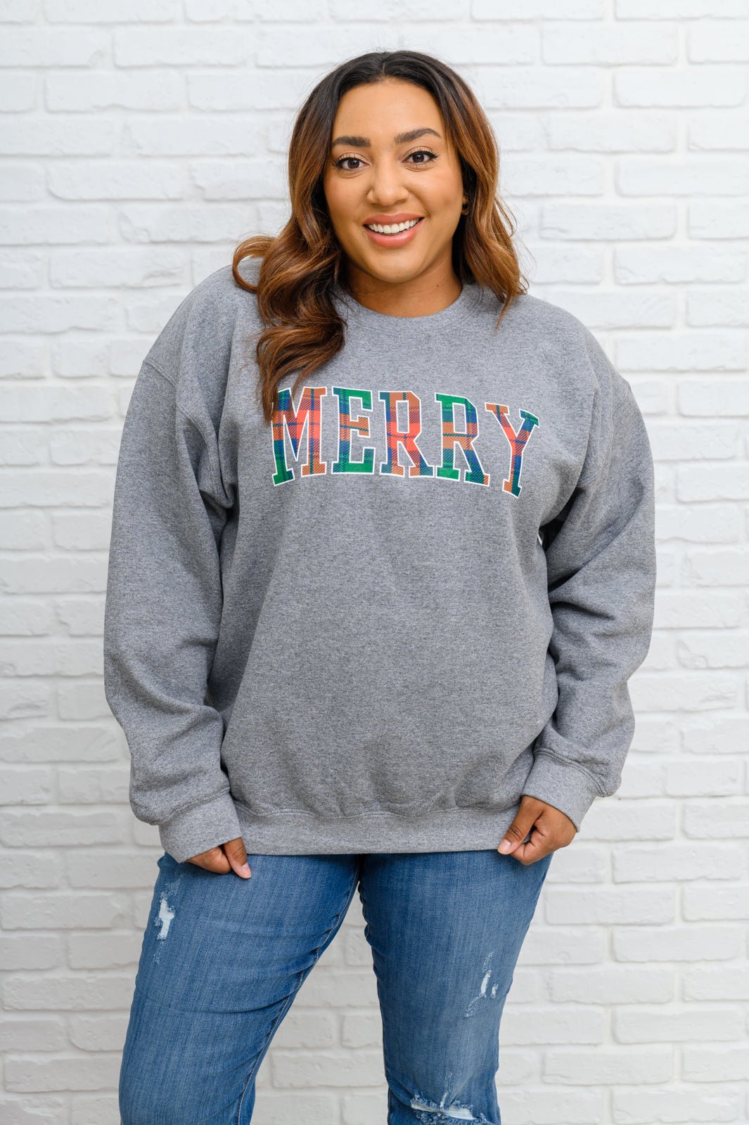 Merry As Can Be Sweatshirt In Gray (Online Exclusive) - Uptown Boutique Ramona