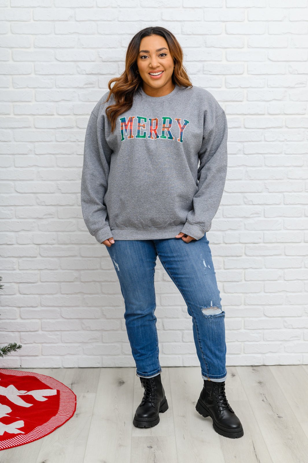 Merry As Can Be Sweatshirt In Gray (Online Exclusive) - Uptown Boutique Ramona