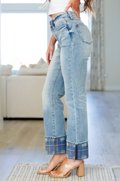 Miranda High Rise Plaid Cuff Vintage Straight Jeans (Online Exclusive) - Uptown Boutique Ramona