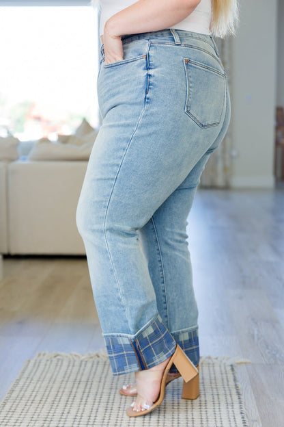 Miranda High Rise Plaid Cuff Vintage Straight Jeans (Online Exclusive) - Uptown Boutique Ramona