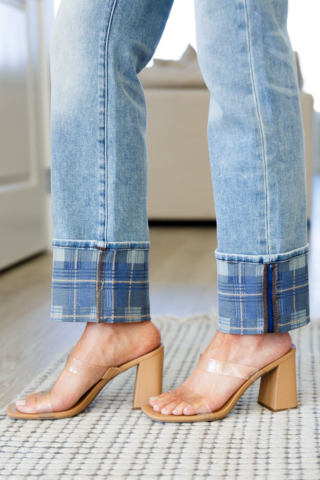 Miranda High Rise Plaid Cuff Vintage Straight Jeans (Online Exclusive) - Uptown Boutique Ramona