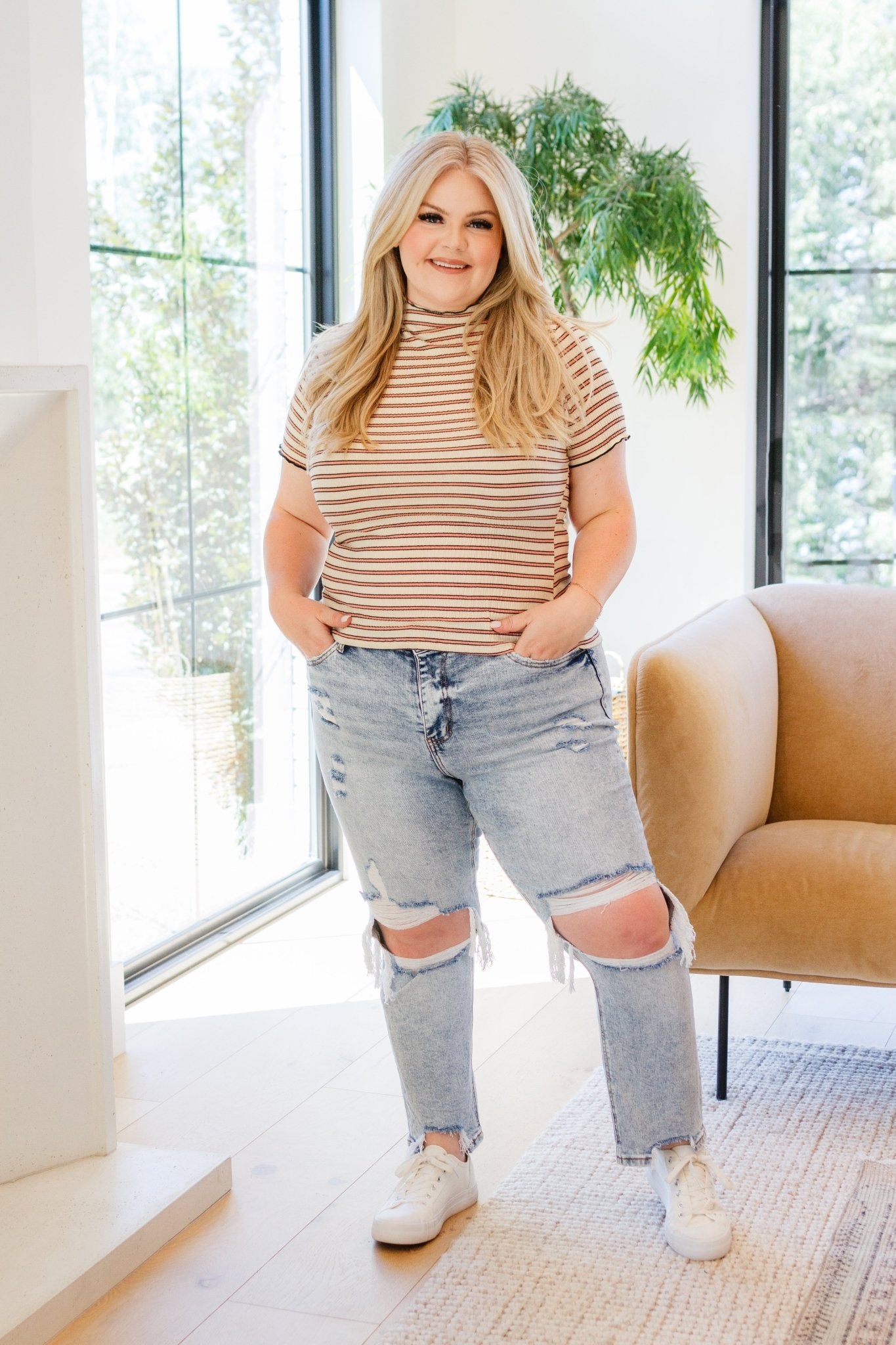 Nostalgic Note Striped Mock Neck Top (Online Exclusive) - Uptown Boutique Ramona