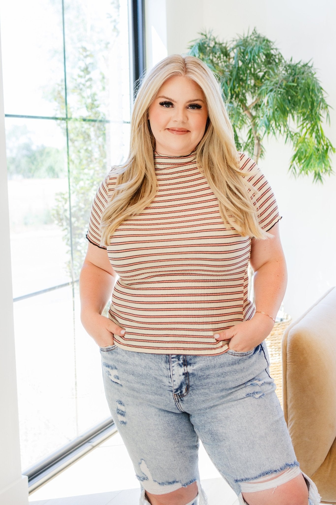 Nostalgic Note Striped Mock Neck Top (Online Exclusive) - Uptown Boutique Ramona