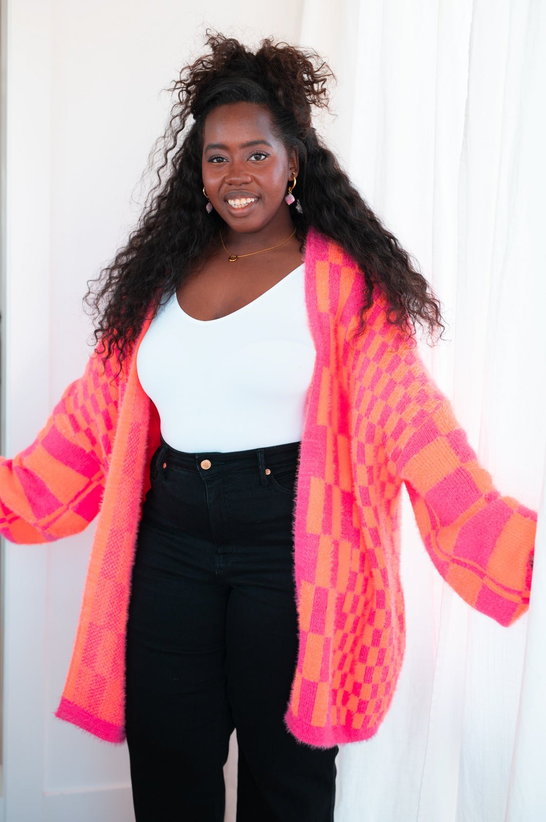 Noticed in Neon Checkered Cardigan in Pink and Orange (Online Exclusive) - Uptown Boutique Ramona