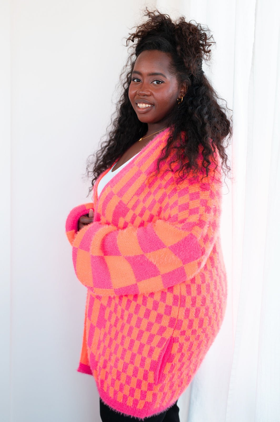 Noticed in Neon Checkered Cardigan in Pink and Orange (Online Exclusive) - Uptown Boutique Ramona