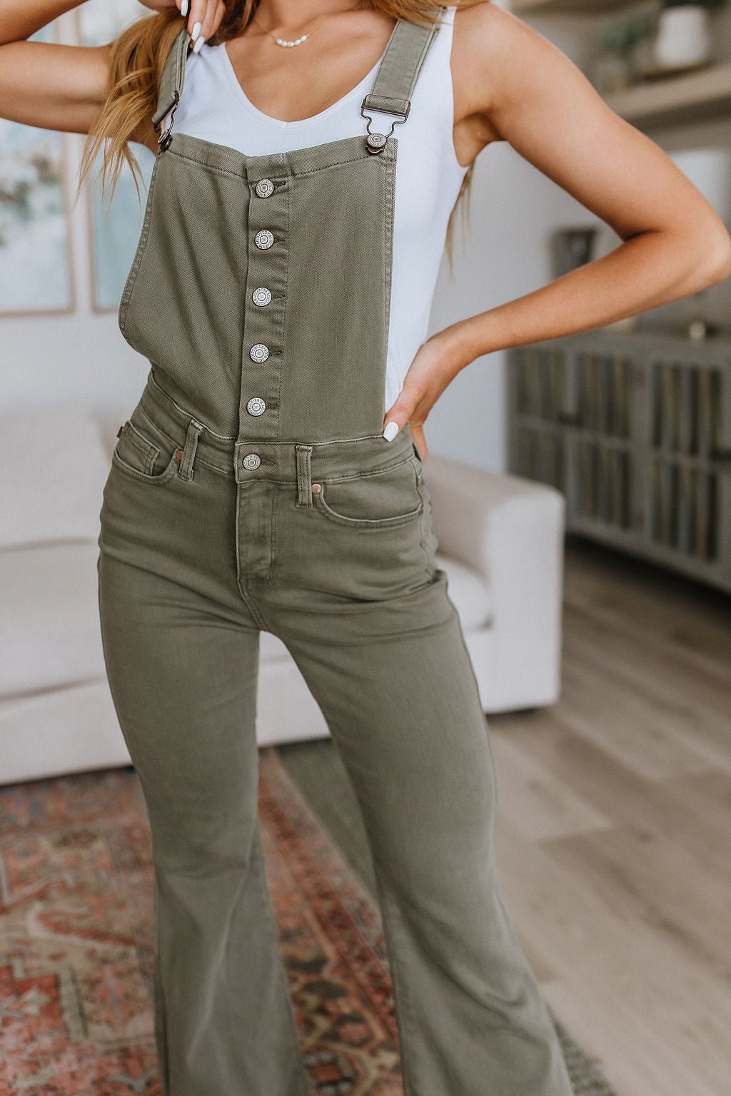Olivia Control Top Release Hem Overalls in Olive (Online Exclusive) - Uptown Boutique Ramona