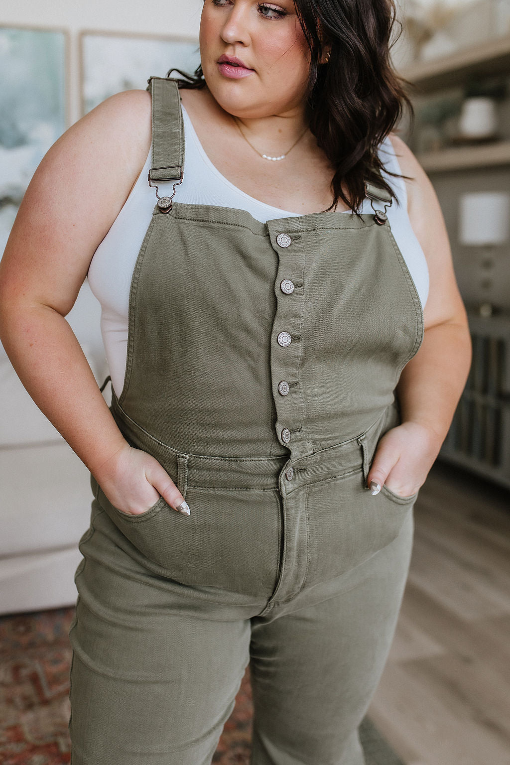 Olivia Control Top Release Hem Overalls in Olive (Online Exclusive) - Uptown Boutique Ramona