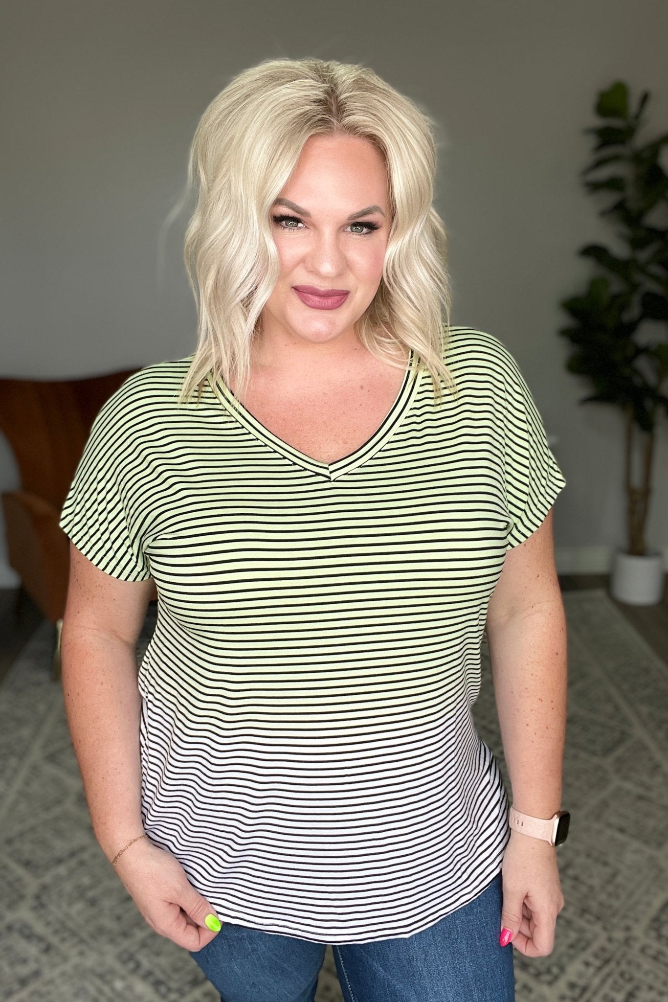 Ombre Stripe V - Neck T in Lime (Online Exclusive) - Uptown Boutique Ramona
