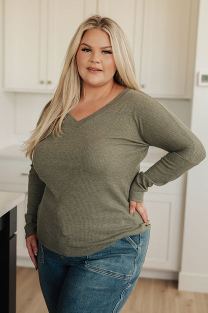 On a Roll Ribbed Knit V - Neck Long Sleeve Top (Online Exclusive) - Uptown Boutique Ramona