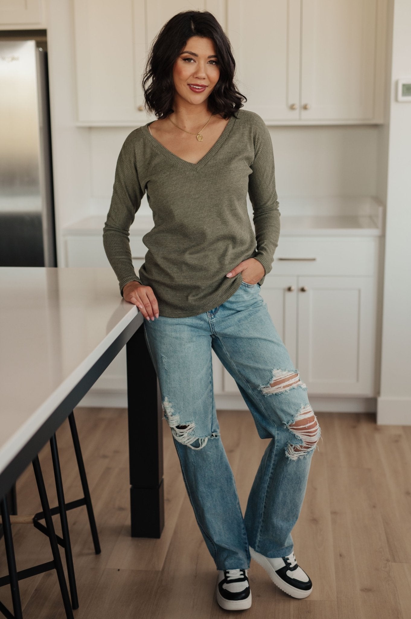 On a Roll Ribbed Knit V - Neck Long Sleeve Top (Online Exclusive) - Uptown Boutique Ramona