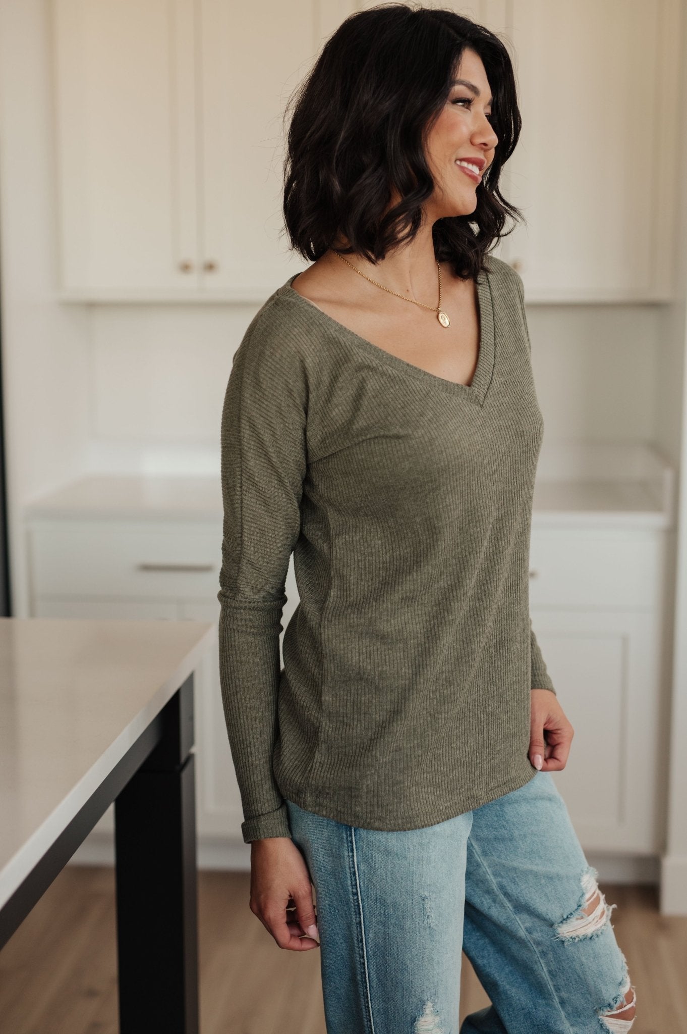 On a Roll Ribbed Knit V - Neck Long Sleeve Top (Online Exclusive) - Uptown Boutique Ramona