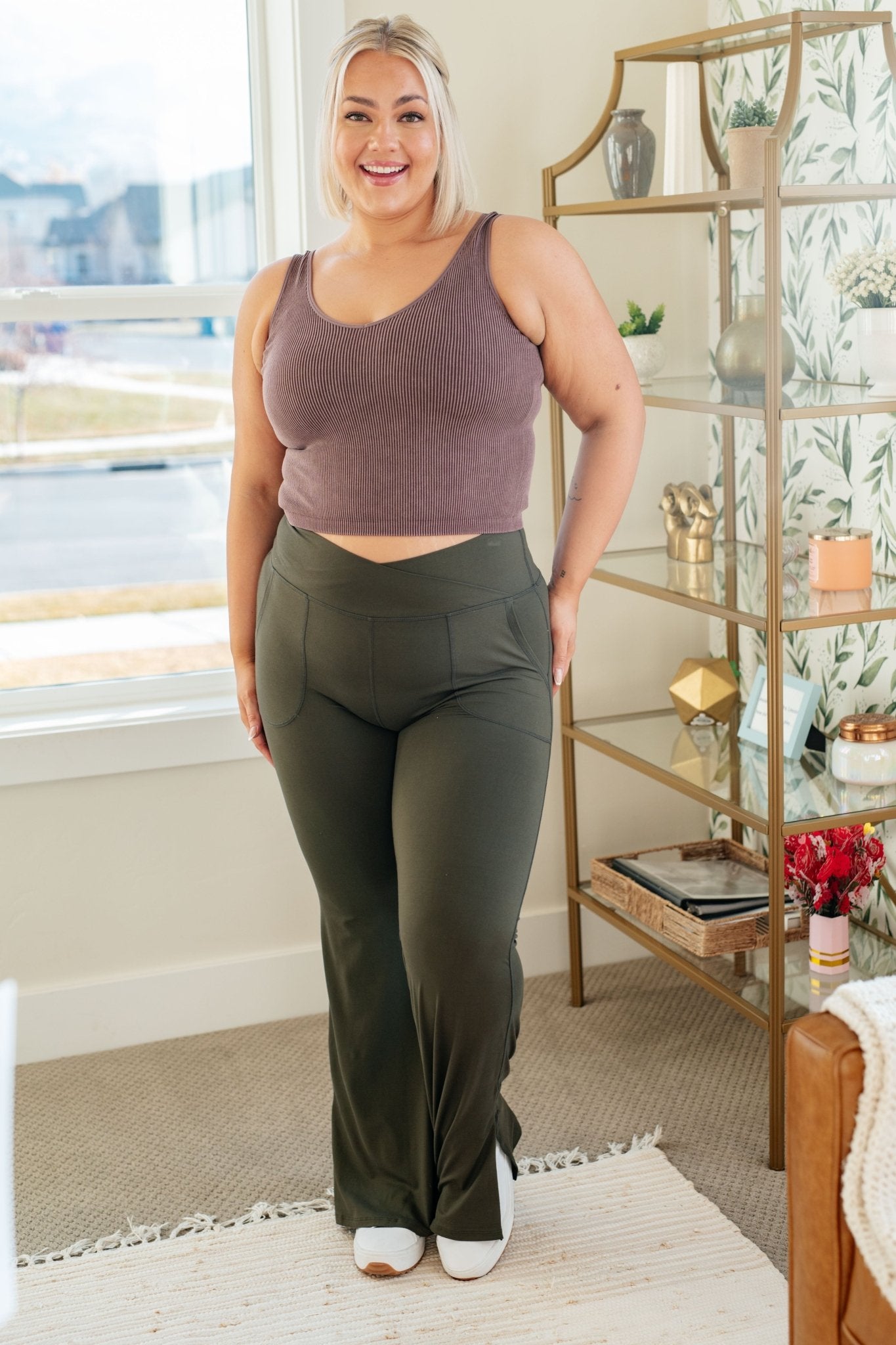 On the Move V Front Flare Leggings in Olive (Online Exclusive) - Uptown Boutique Ramona
