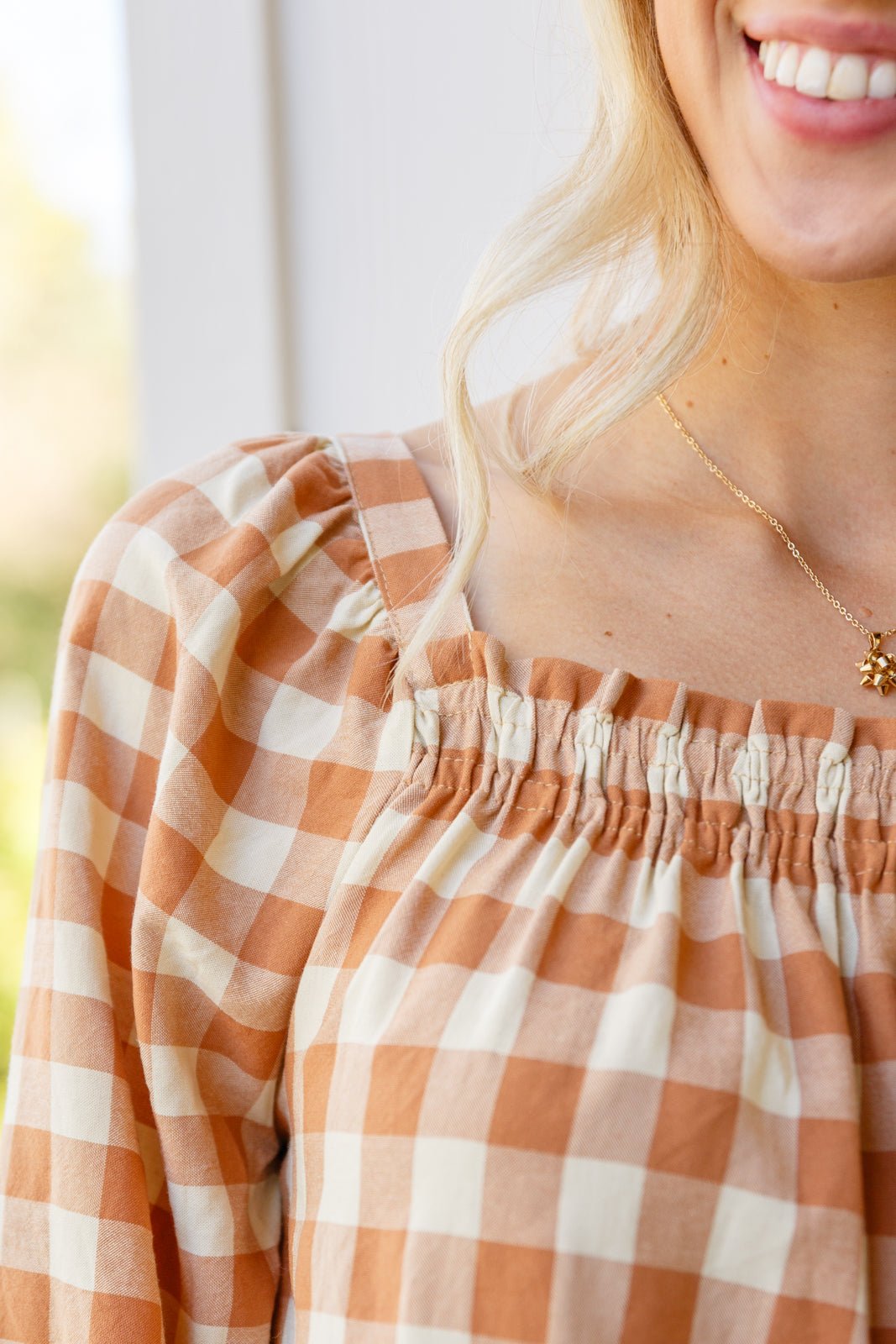 One Fine Afternoon Gingham Plaid Top In Caramel (Online Exclusive) - Uptown Boutique Ramona