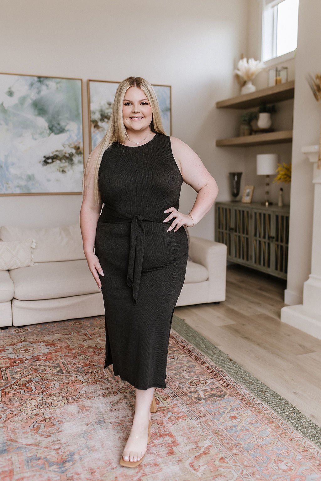 Out on the Town Tie Detail Midi Dress in Charcoal (Online Exclusive) - Uptown Boutique Ramona