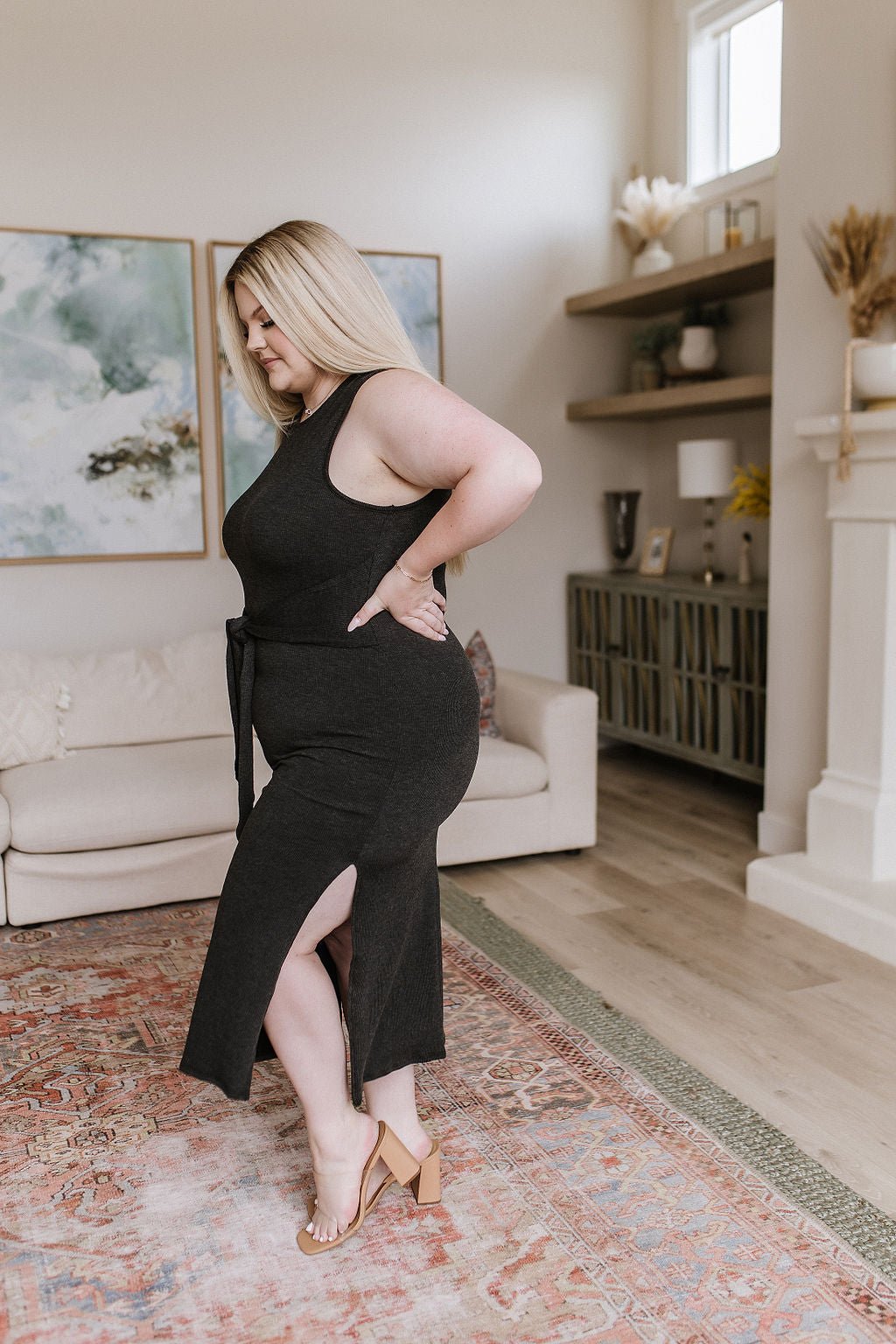 Out on the Town Tie Detail Midi Dress in Charcoal (Online Exclusive) - Uptown Boutique Ramona