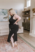 Out on the Town Tie Detail Midi Dress in Charcoal (Online Exclusive) - Uptown Boutique Ramona