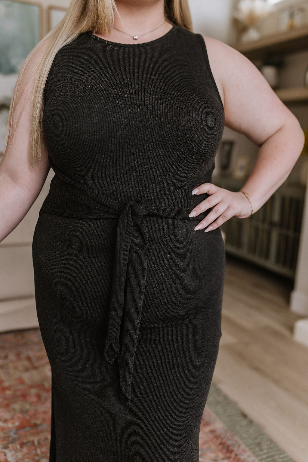 Out on the Town Tie Detail Midi Dress in Charcoal (Online Exclusive) - Uptown Boutique Ramona