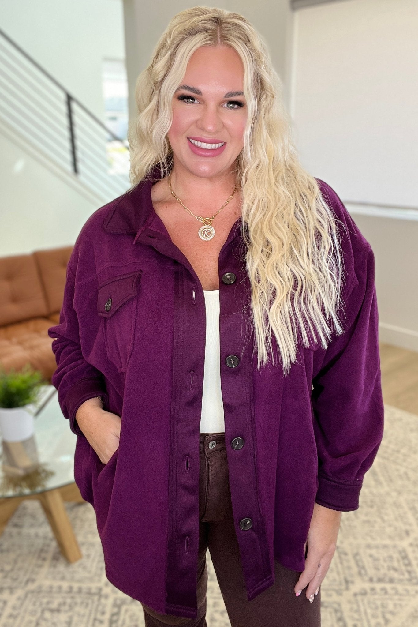 Oversized Basic Fleece Shacket in Plum (Online Exclusive) - Uptown Boutique Ramona