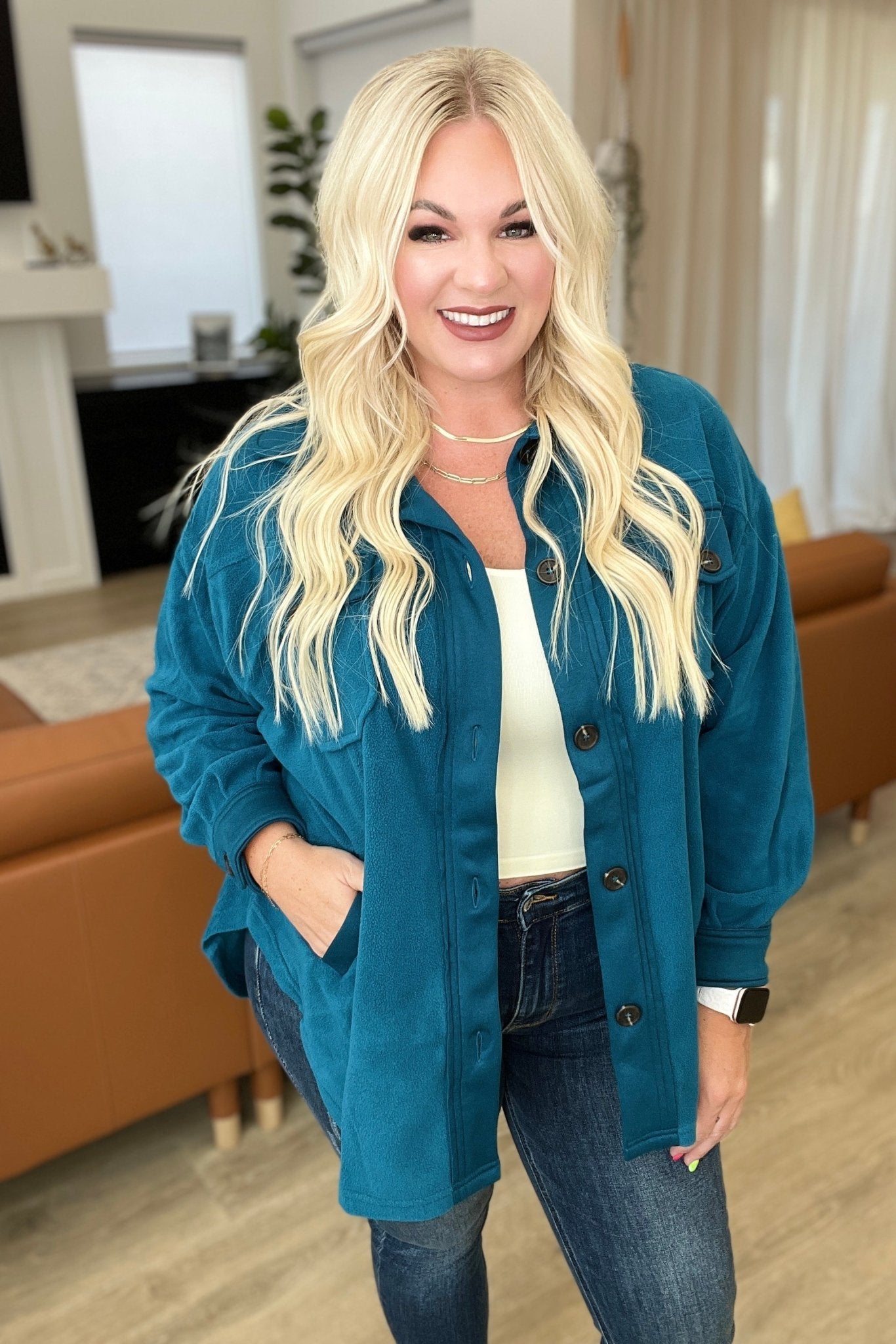 Oversized Basic Fleece Shacket in Teal (Online Exclusive) - Uptown Boutique Ramona