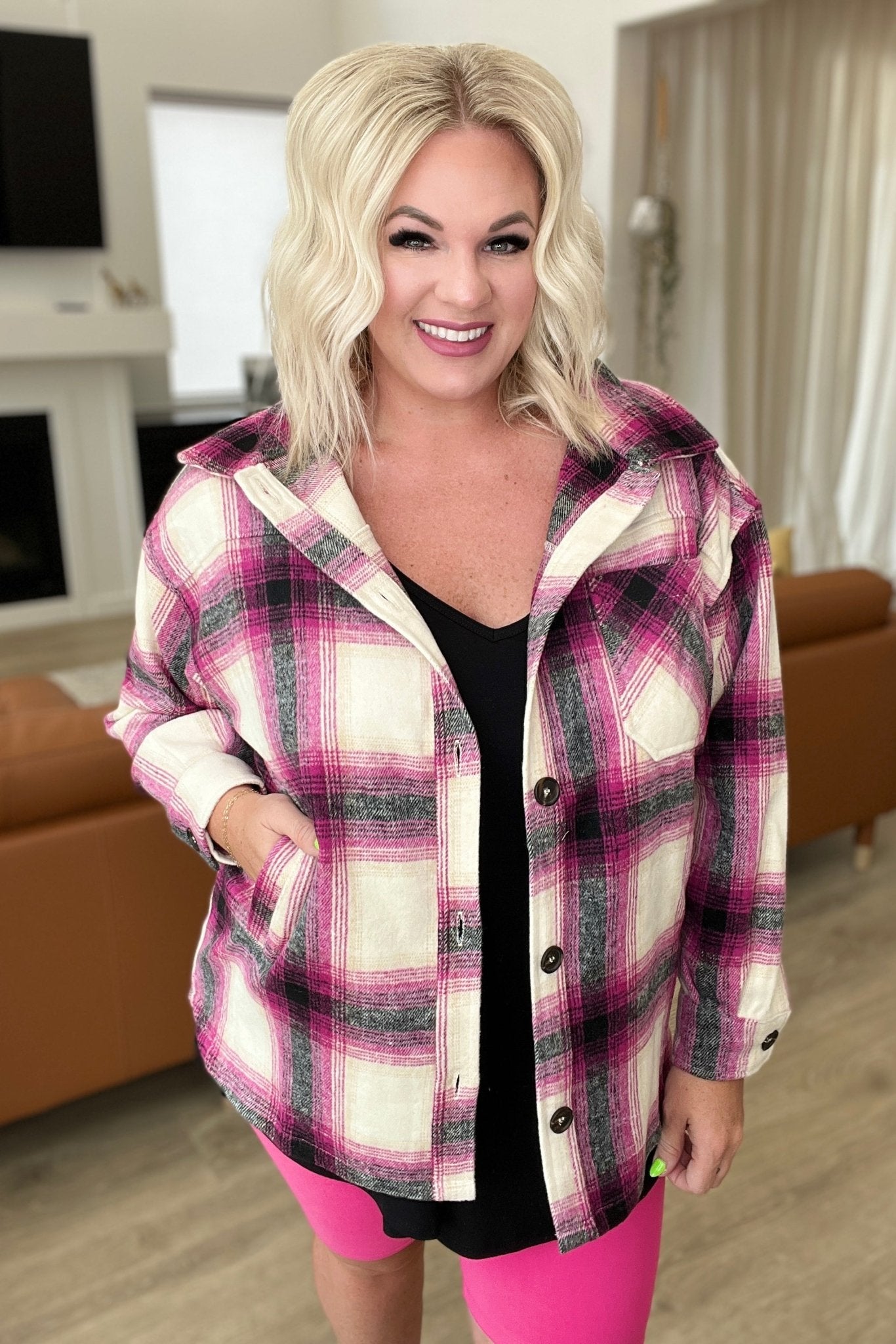 Oversized Longline Plaid Shacket in Magenta (Online Exclusive) - Uptown Boutique Ramona