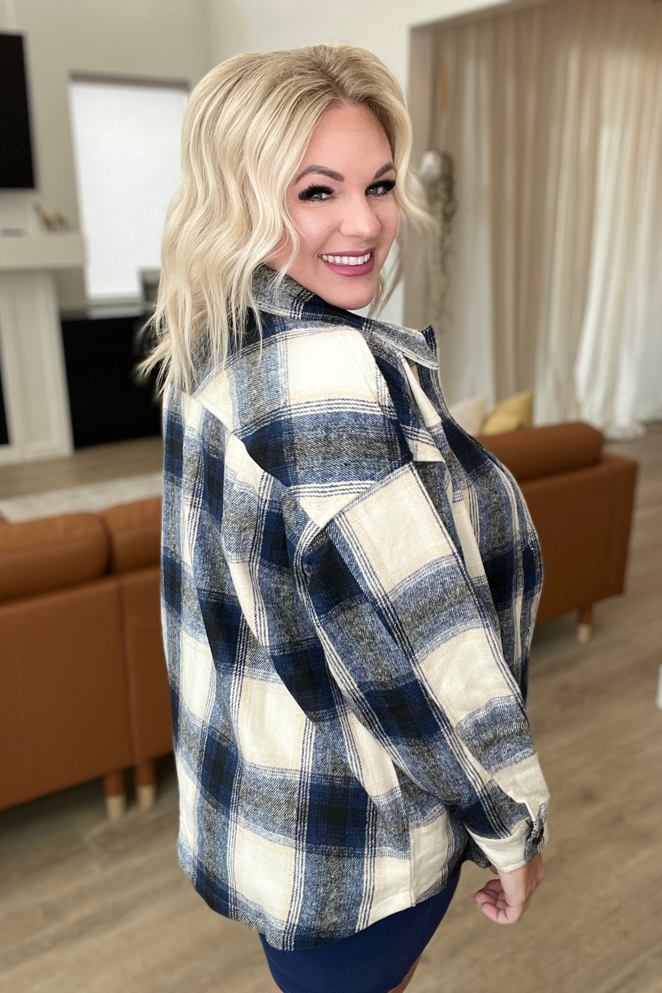 Oversized Longline Plaid Shacket in Navy (Online Exclusive) - Uptown Boutique Ramona