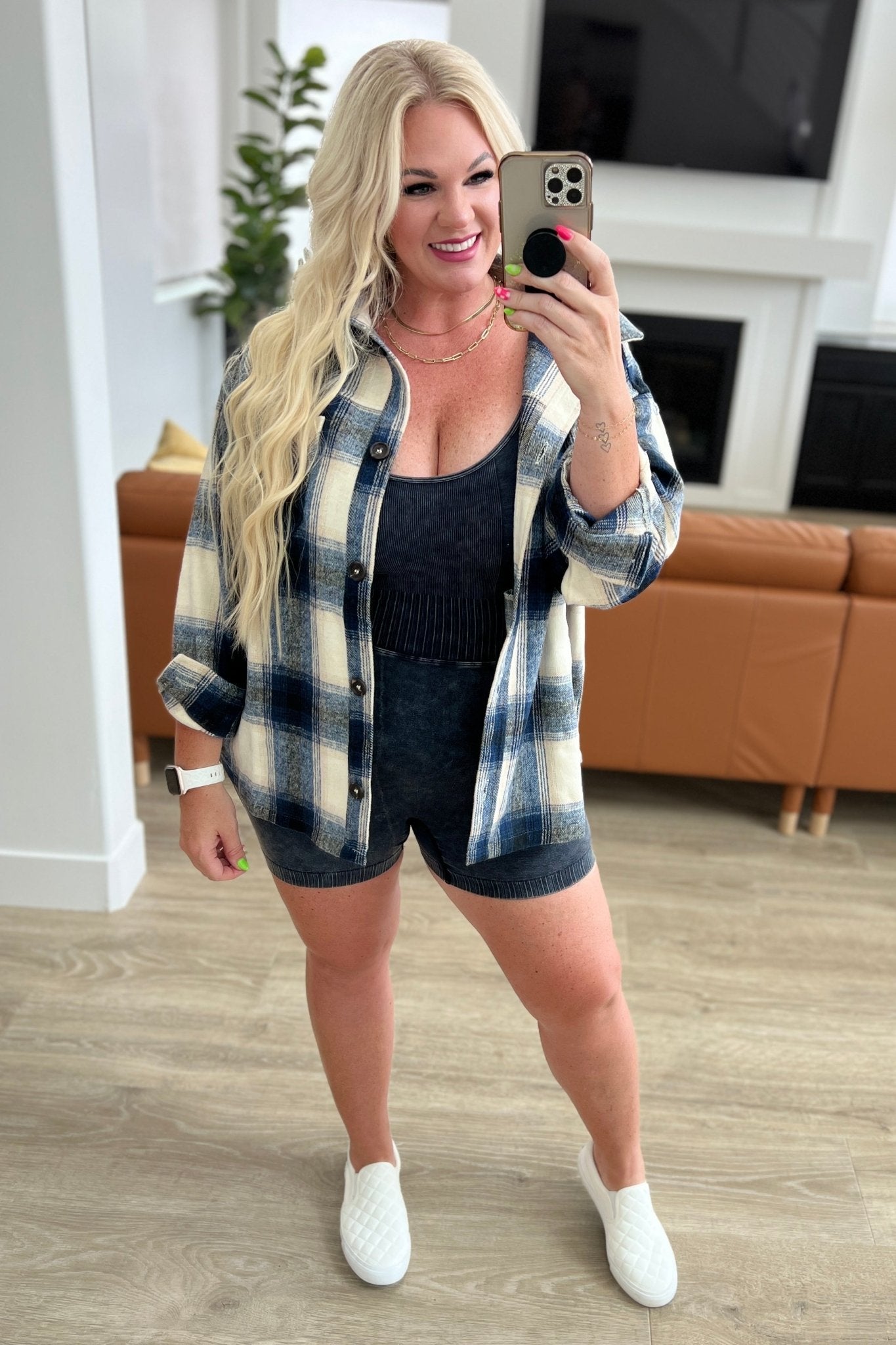 Oversized Longline Plaid Shacket in Navy (Online Exclusive) - Uptown Boutique Ramona